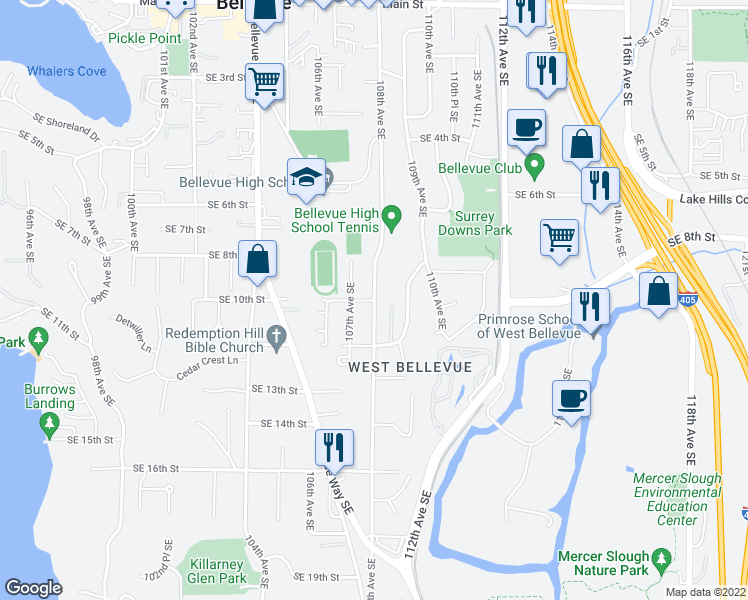 map of restaurants, bars, coffee shops, grocery stores, and more near 108th Ave SE & SE 10th St in Bellevue