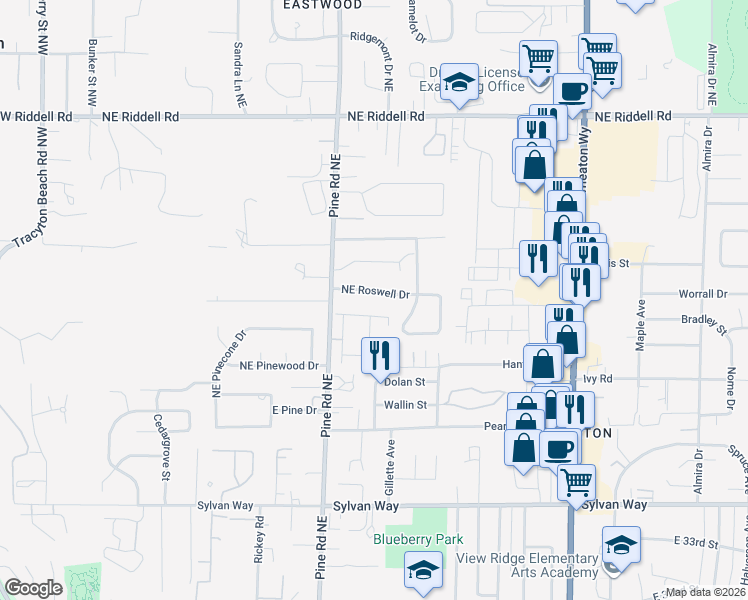 map of restaurants, bars, coffee shops, grocery stores, and more near 621 Roswell Drive in Bremerton
