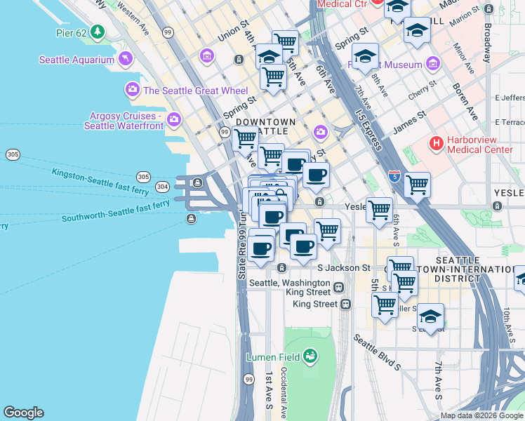 map of restaurants, bars, coffee shops, grocery stores, and more near 93 Yesler Way in Seattle