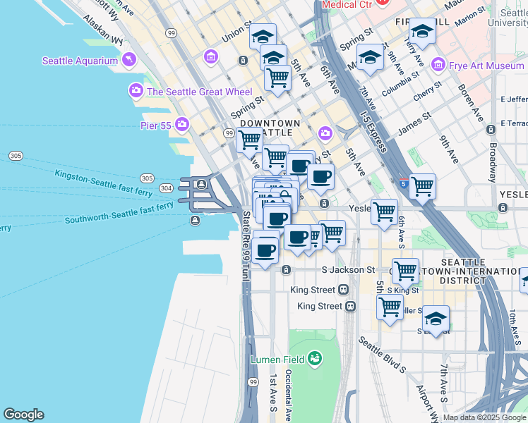 map of restaurants, bars, coffee shops, grocery stores, and more near 109 Occidental Avenue South in Seattle