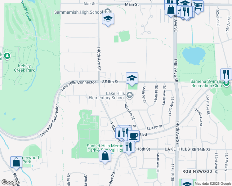 map of restaurants, bars, coffee shops, grocery stores, and more near 14200 Southeast 10th Place in Bellevue