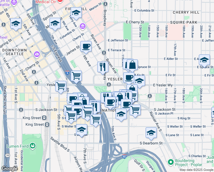 map of restaurants, bars, coffee shops, grocery stores, and more near in Seattle