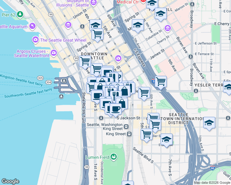 map of restaurants, bars, coffee shops, grocery stores, and more near 208 South Washington Street in Seattle