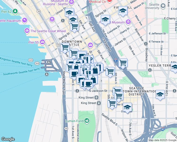 map of restaurants, bars, coffee shops, grocery stores, and more near 208 South Washington Street in Seattle