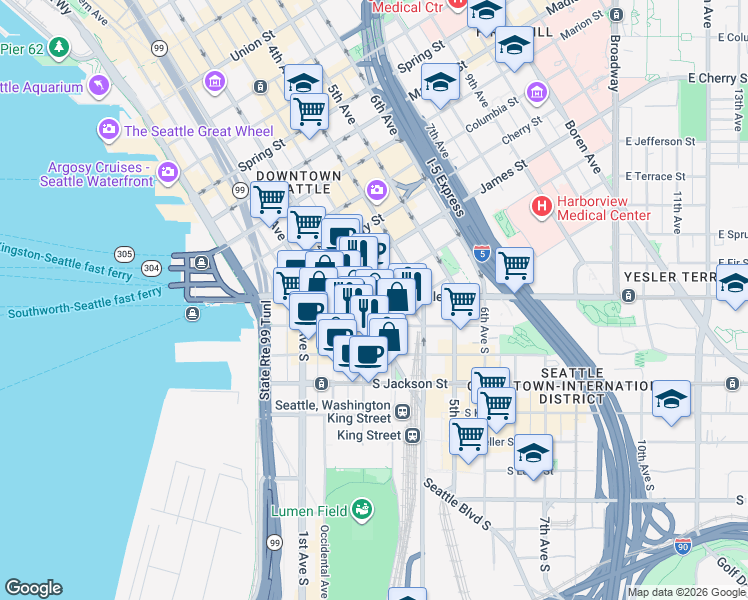 map of restaurants, bars, coffee shops, grocery stores, and more near 201 Yesler Way in Seattle