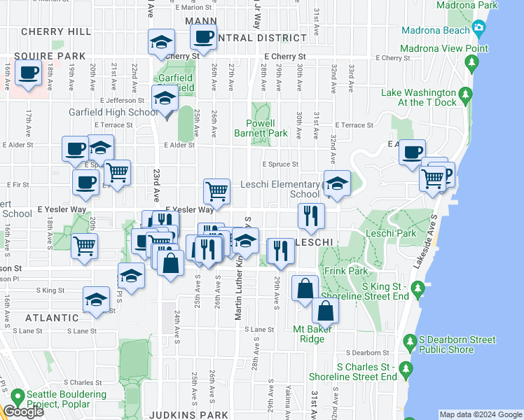 map of restaurants, bars, coffee shops, grocery stores, and more near E Yesler Way & 28th Ave in Seattle