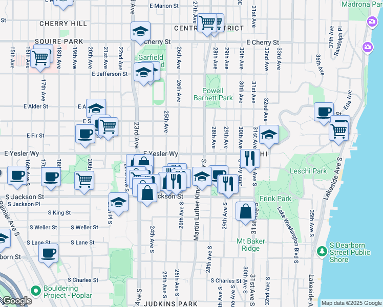 map of restaurants, bars, coffee shops, grocery stores, and more near E Yesler Way & 27th Ave in Seattle