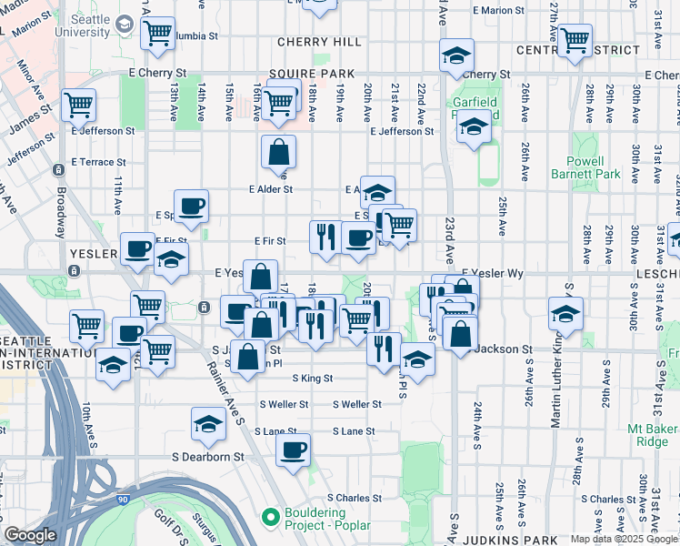 map of restaurants, bars, coffee shops, grocery stores, and more near East Yesler Way & 19th Avenue in Seattle