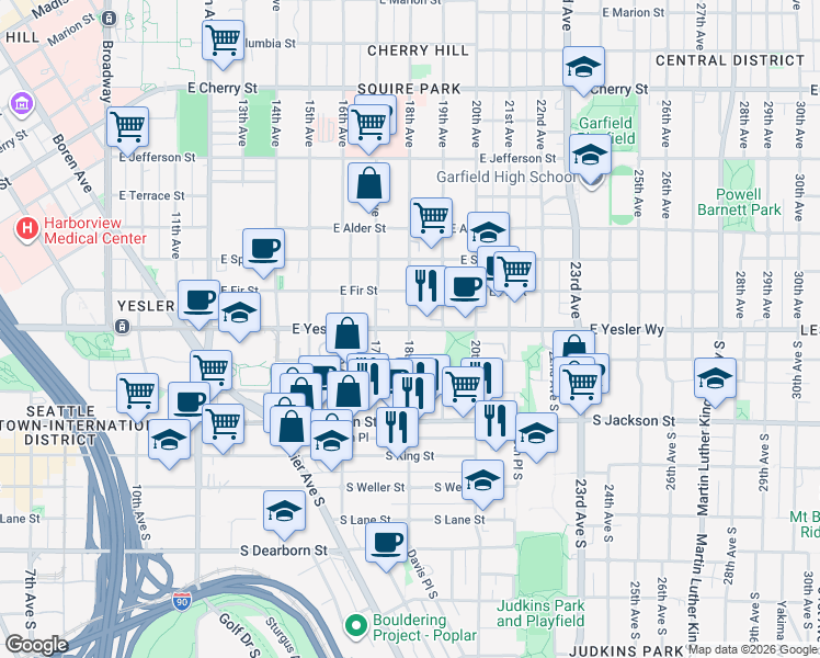 map of restaurants, bars, coffee shops, grocery stores, and more near E Yesler Way & 18th Ave in Seattle