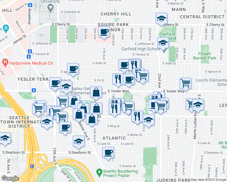 map of restaurants, bars, coffee shops, grocery stores, and more near 18th Ave S & 18th Ave in Seattle