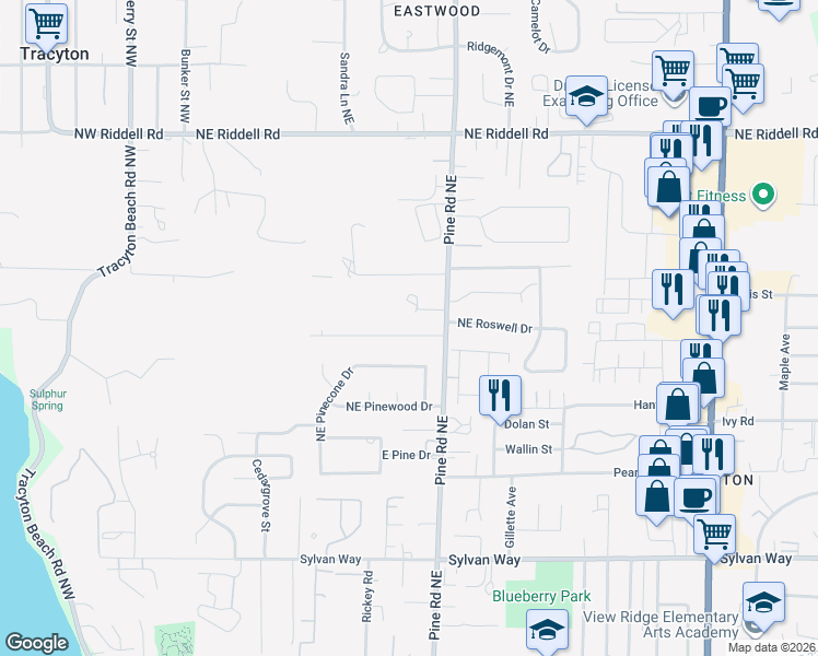 map of restaurants, bars, coffee shops, grocery stores, and more near 3876 Northeast Pinecone Drive in Bremerton