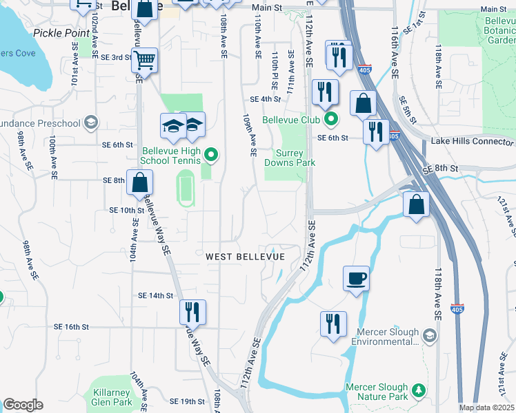 map of restaurants, bars, coffee shops, grocery stores, and more near 1020 109th Avenue Southeast in Bellevue