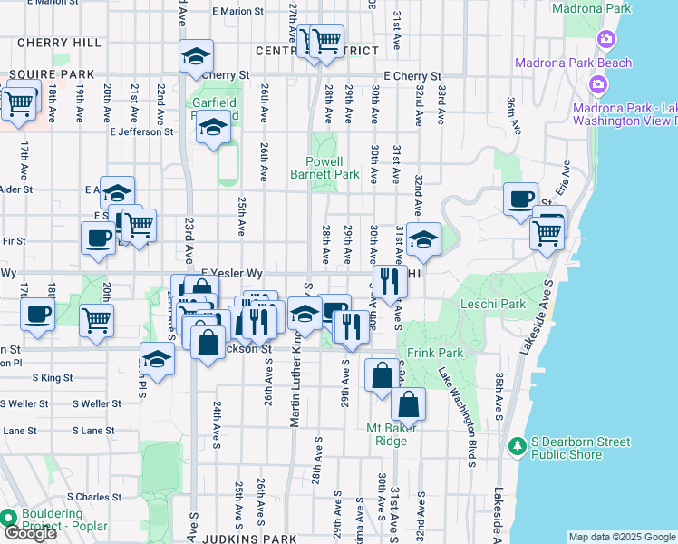 map of restaurants, bars, coffee shops, grocery stores, and more near 145 29th Avenue South in Seattle