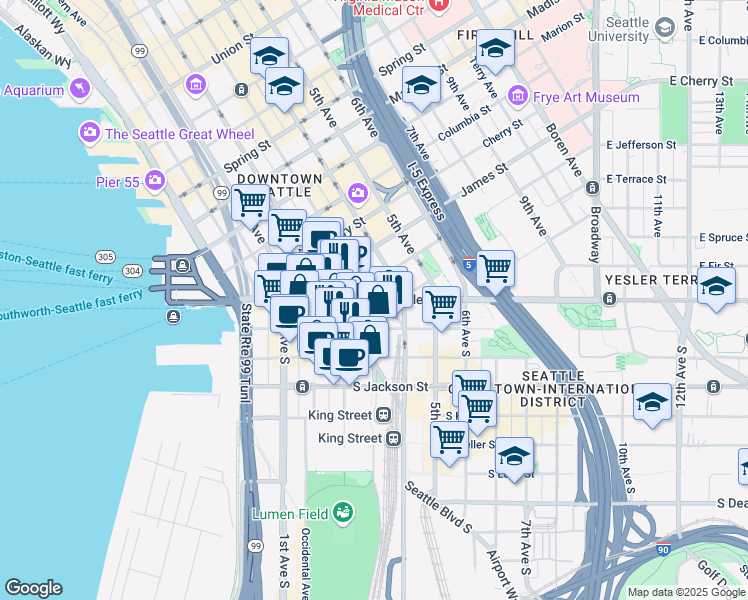 map of restaurants, bars, coffee shops, grocery stores, and more near 3rd Ave S & Yesler Way in Seattle