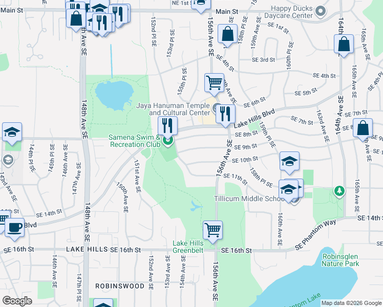 map of restaurants, bars, coffee shops, grocery stores, and more near 15419 Southeast 8th Street in Bellevue