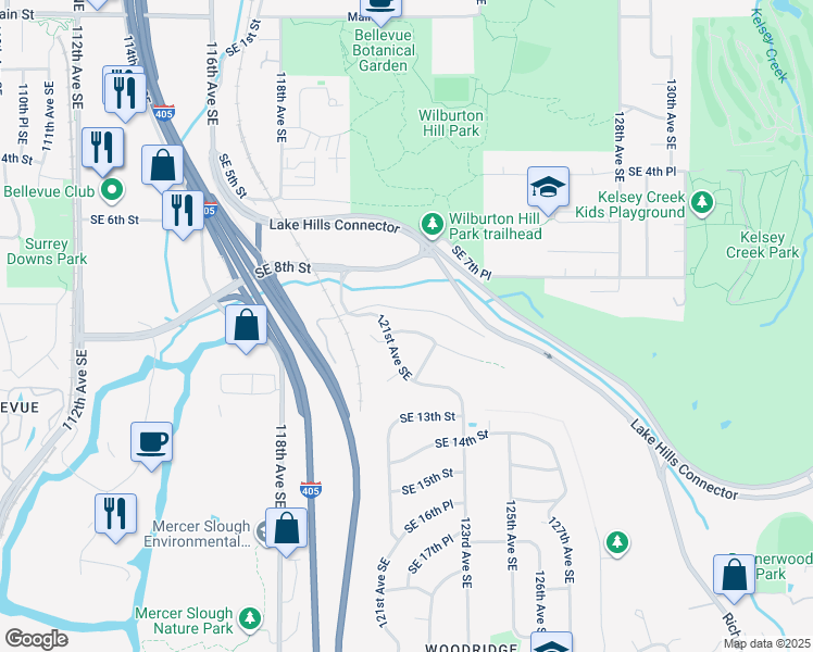 map of restaurants, bars, coffee shops, grocery stores, and more near 12122 Southeast 9th Place in Bellevue