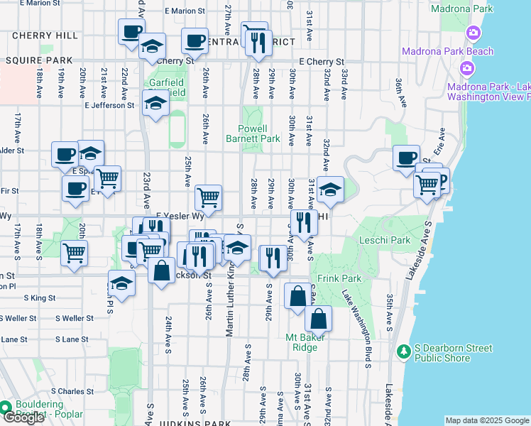 map of restaurants, bars, coffee shops, grocery stores, and more near 127 29th Avenue in Seattle