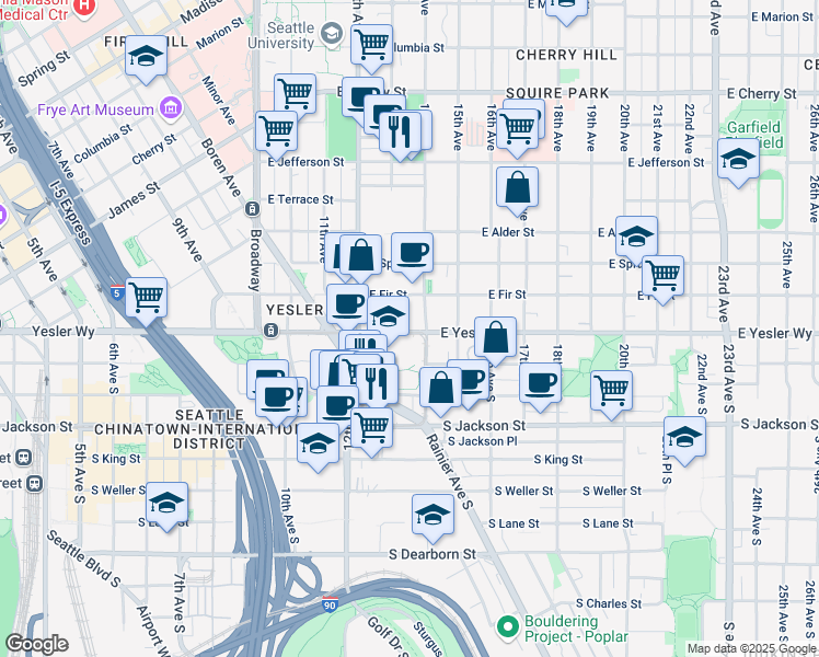 map of restaurants, bars, coffee shops, grocery stores, and more near 1305 East Fir Street in Seattle