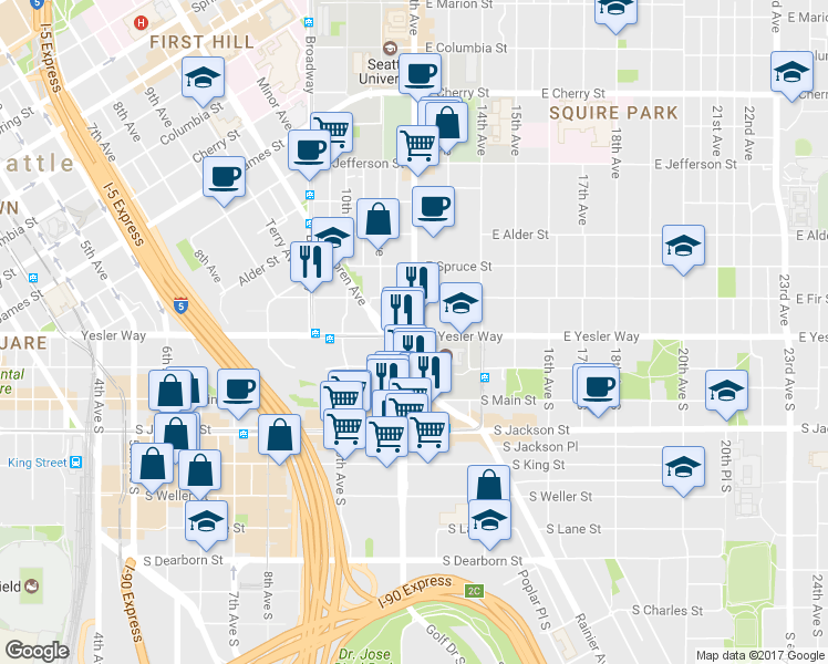 map of restaurants, bars, coffee shops, grocery stores, and more near in Seattle