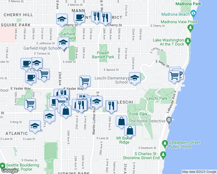map of restaurants, bars, coffee shops, grocery stores, and more near 2810 East Yesler Way in Seattle