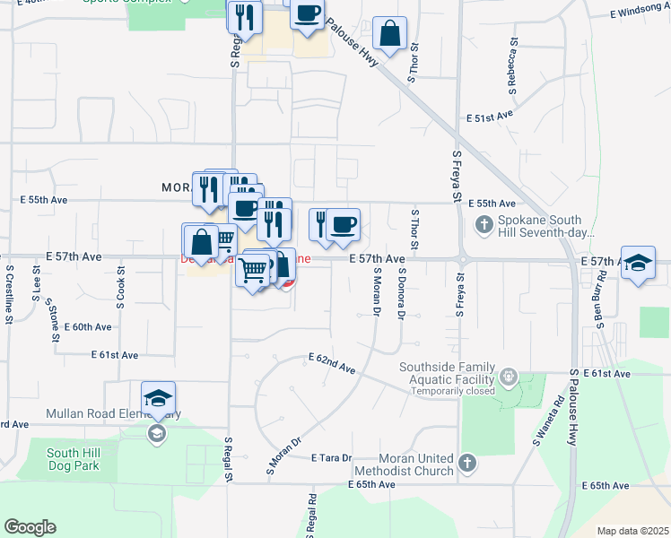 map of restaurants, bars, coffee shops, grocery stores, and more near 5711 South Hailee Lane in Spokane