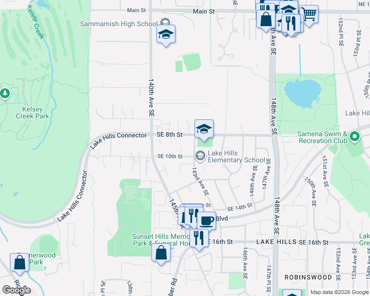 map of restaurants, bars, coffee shops, grocery stores, and more near 910 142nd Avenue Southeast in Bellevue