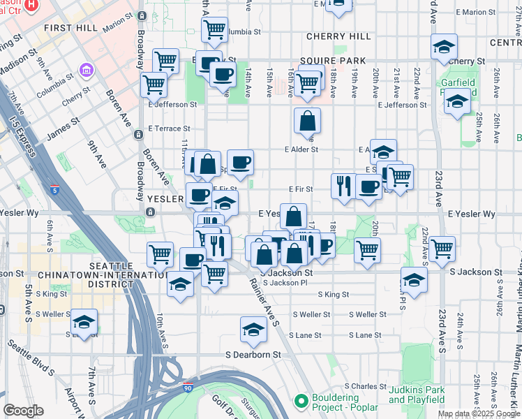 map of restaurants, bars, coffee shops, grocery stores, and more near 125 15th Avenue in Seattle