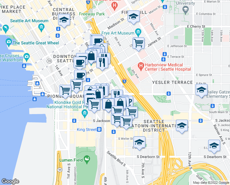map of restaurants, bars, coffee shops, grocery stores, and more near 401 5th Avenue in Seattle