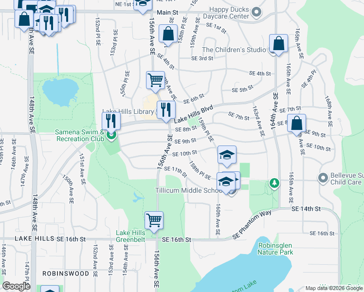 map of restaurants, bars, coffee shops, grocery stores, and more near 15625 Southeast 9th Street in Bellevue