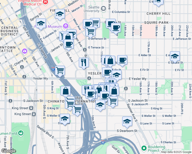 map of restaurants, bars, coffee shops, grocery stores, and more near 1000 East Yesler Way in Seattle