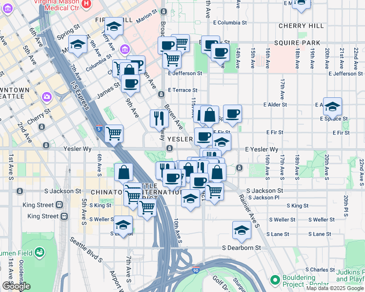map of restaurants, bars, coffee shops, grocery stores, and more near 1000 East Yesler Way in Seattle