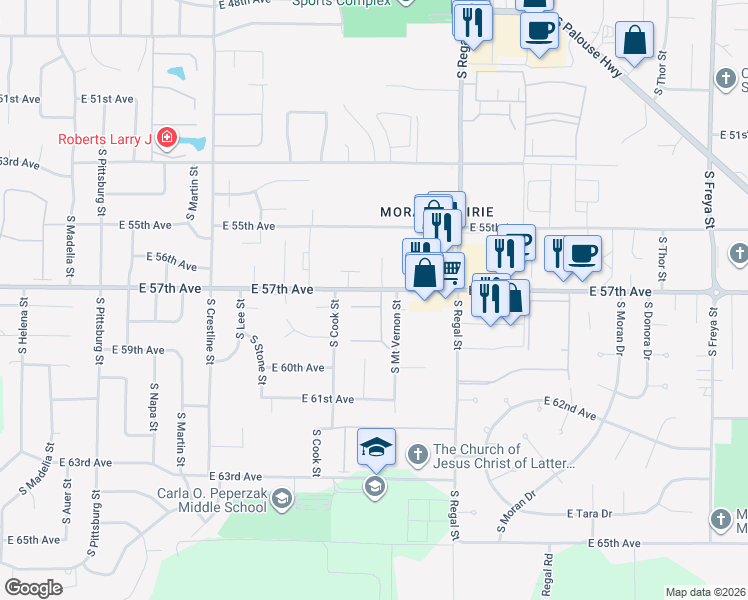 map of restaurants, bars, coffee shops, grocery stores, and more near 2605 East 57th Avenue in Spokane