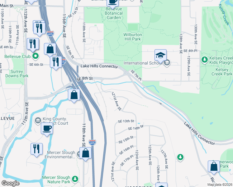 map of restaurants, bars, coffee shops, grocery stores, and more near 12122 Southeast 9th Place in Bellevue