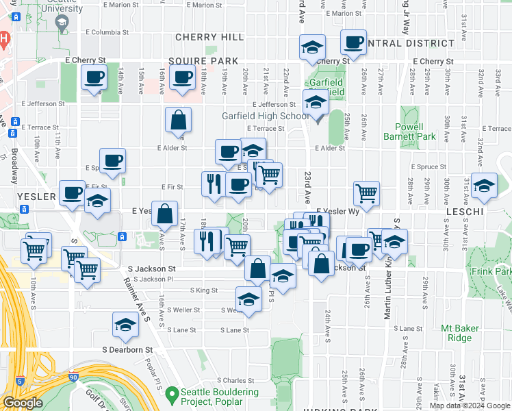 map of restaurants, bars, coffee shops, grocery stores, and more near 129 21st Avenue in Seattle