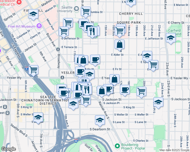map of restaurants, bars, coffee shops, grocery stores, and more near 1305 East Fir Street in Seattle