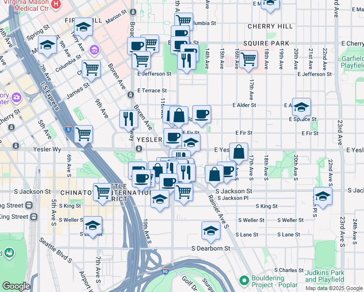map of restaurants, bars, coffee shops, grocery stores, and more near 1215 East Fir Street in Seattle