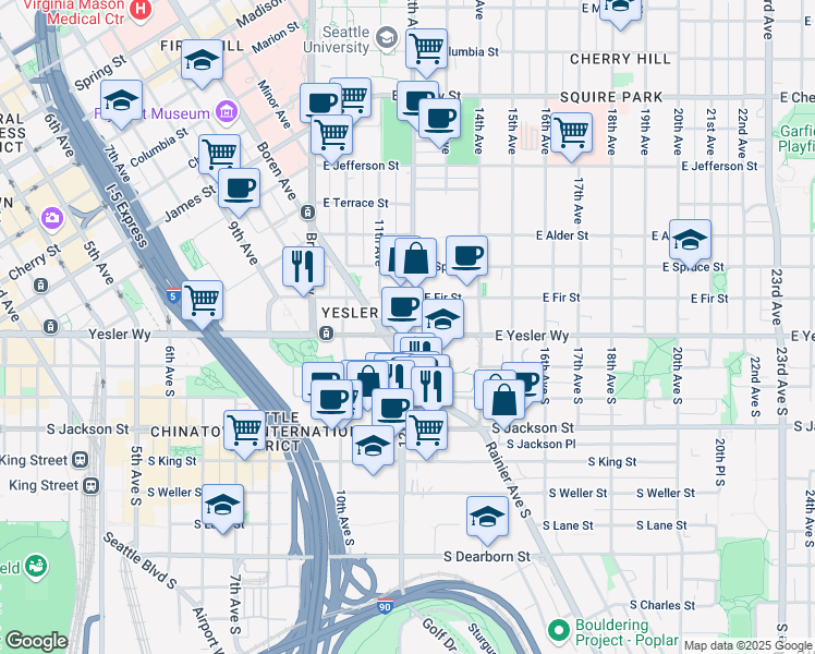 map of restaurants, bars, coffee shops, grocery stores, and more near in Seattle