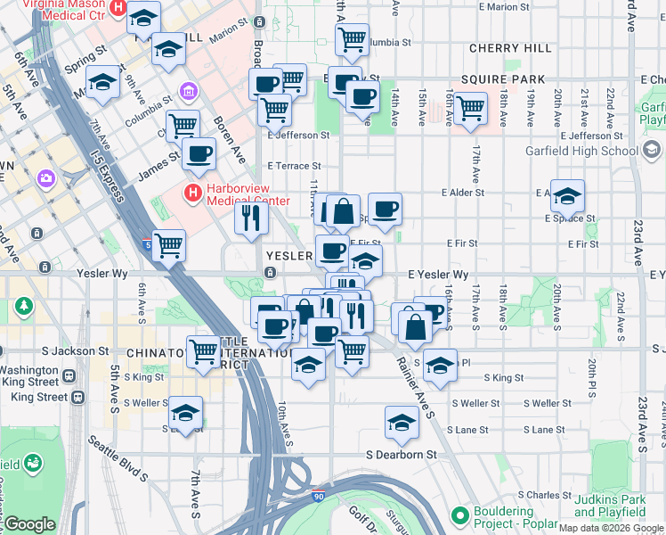 map of restaurants, bars, coffee shops, grocery stores, and more near in Seattle