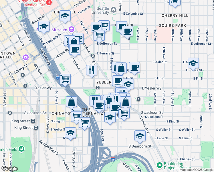 map of restaurants, bars, coffee shops, grocery stores, and more near in Seattle
