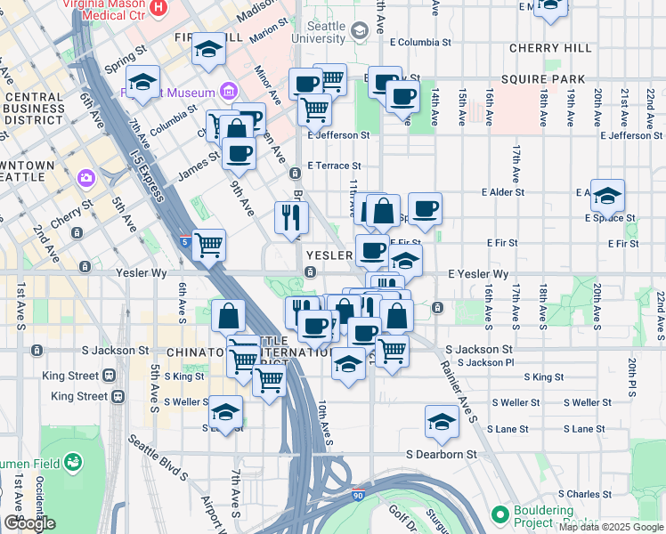 map of restaurants, bars, coffee shops, grocery stores, and more near in Seattle
