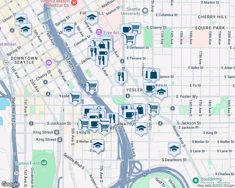 map of restaurants, bars, coffee shops, grocery stores, and more near 120 8th Avenue in Seattle
