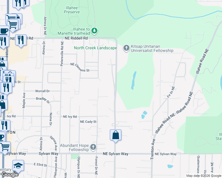 map of restaurants, bars, coffee shops, grocery stores, and more near 4221 Robinson Road Northeast in Bremerton