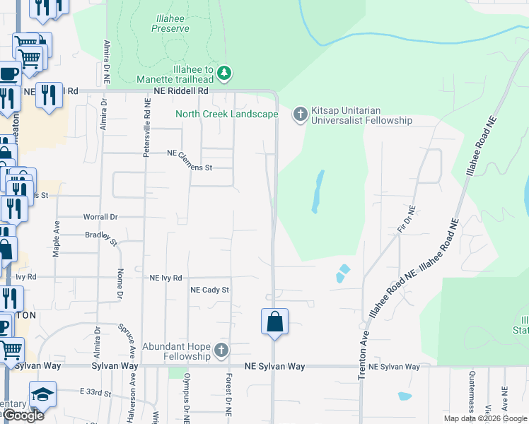map of restaurants, bars, coffee shops, grocery stores, and more near 4221 Robinson Road Northeast in Bremerton