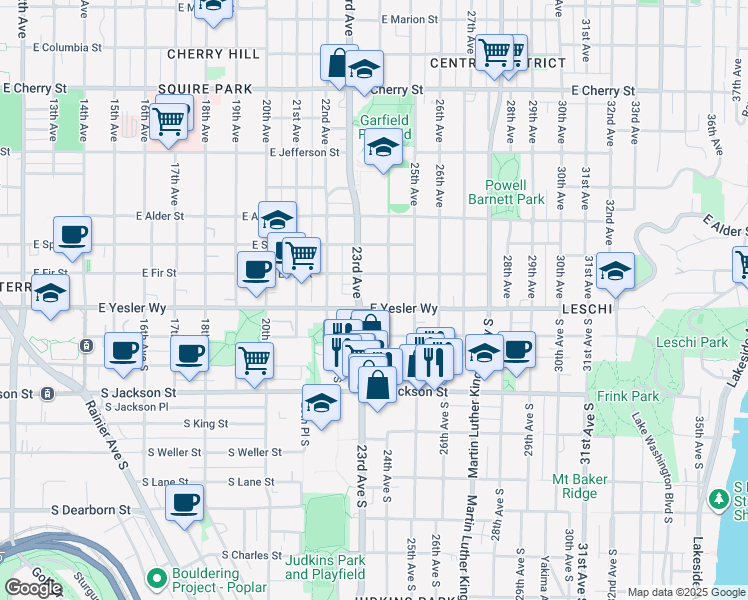 map of restaurants, bars, coffee shops, grocery stores, and more near 2300 East Yesler Way in Seattle