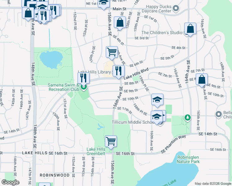 map of restaurants, bars, coffee shops, grocery stores, and more near 15539 Southeast 9th Street in Bellevue