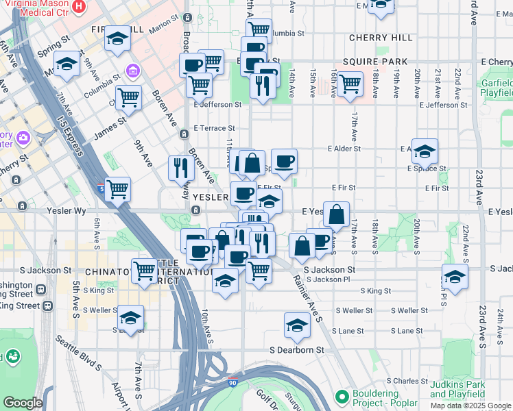 map of restaurants, bars, coffee shops, grocery stores, and more near 104 12th Avenue in Seattle