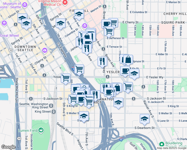 map of restaurants, bars, coffee shops, grocery stores, and more near 740 Yesler Way in Seattle