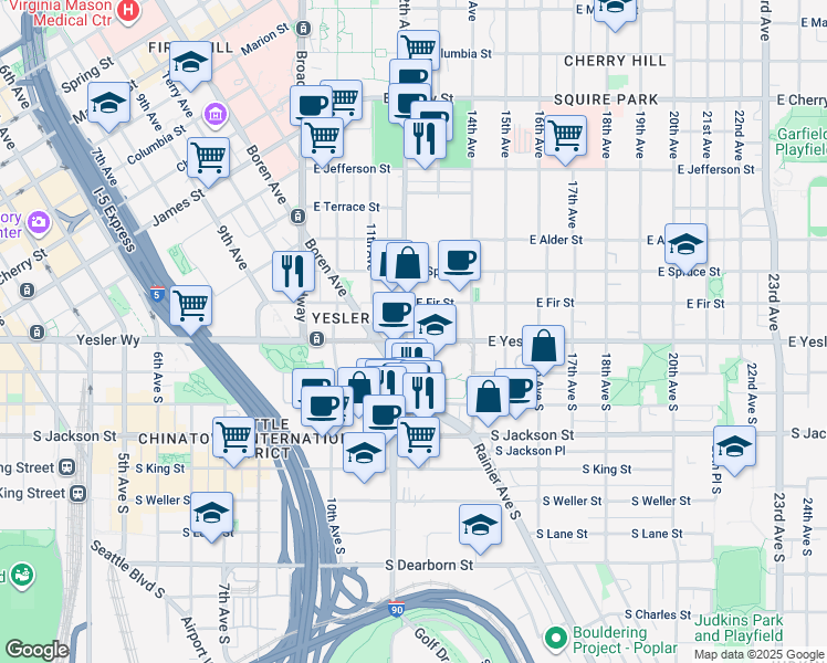 map of restaurants, bars, coffee shops, grocery stores, and more near 1215 East Fir Street in Seattle