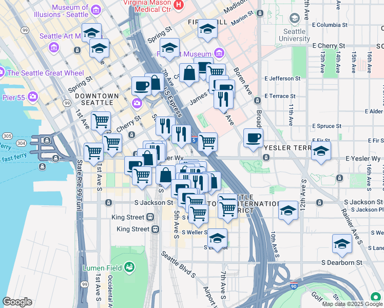map of restaurants, bars, coffee shops, grocery stores, and more near 47 6th Avenue in Seattle