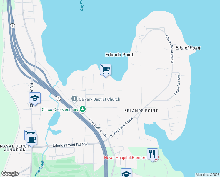 map of restaurants, bars, coffee shops, grocery stores, and more near 3734 Northwest Linden Lane in Bremerton